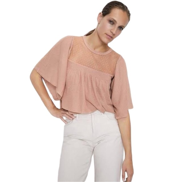 Zara Contrasting Ruffled Bell Sleeve Blush Nude Mesh Swiss Dot Top Blouse Small - Picture 3 of 15